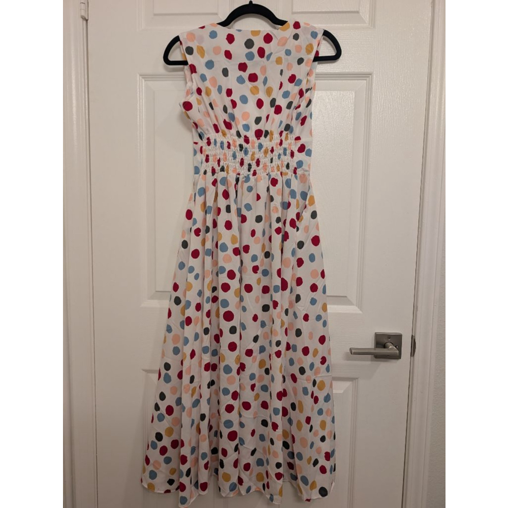 Vintage-Inspired Multi-Color Polka Dot A-Line Midi Dress Fun Rainbow Teacher - Picture 4 of 8
